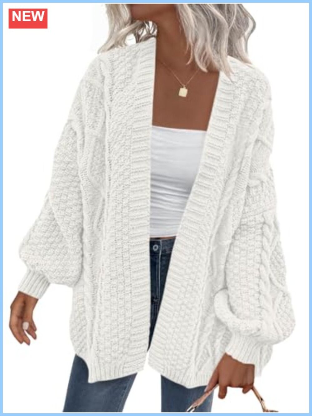 Women's Cable Knit Open Front Chunky Cardigan Sweater Long Lantern Sleeve Cozy